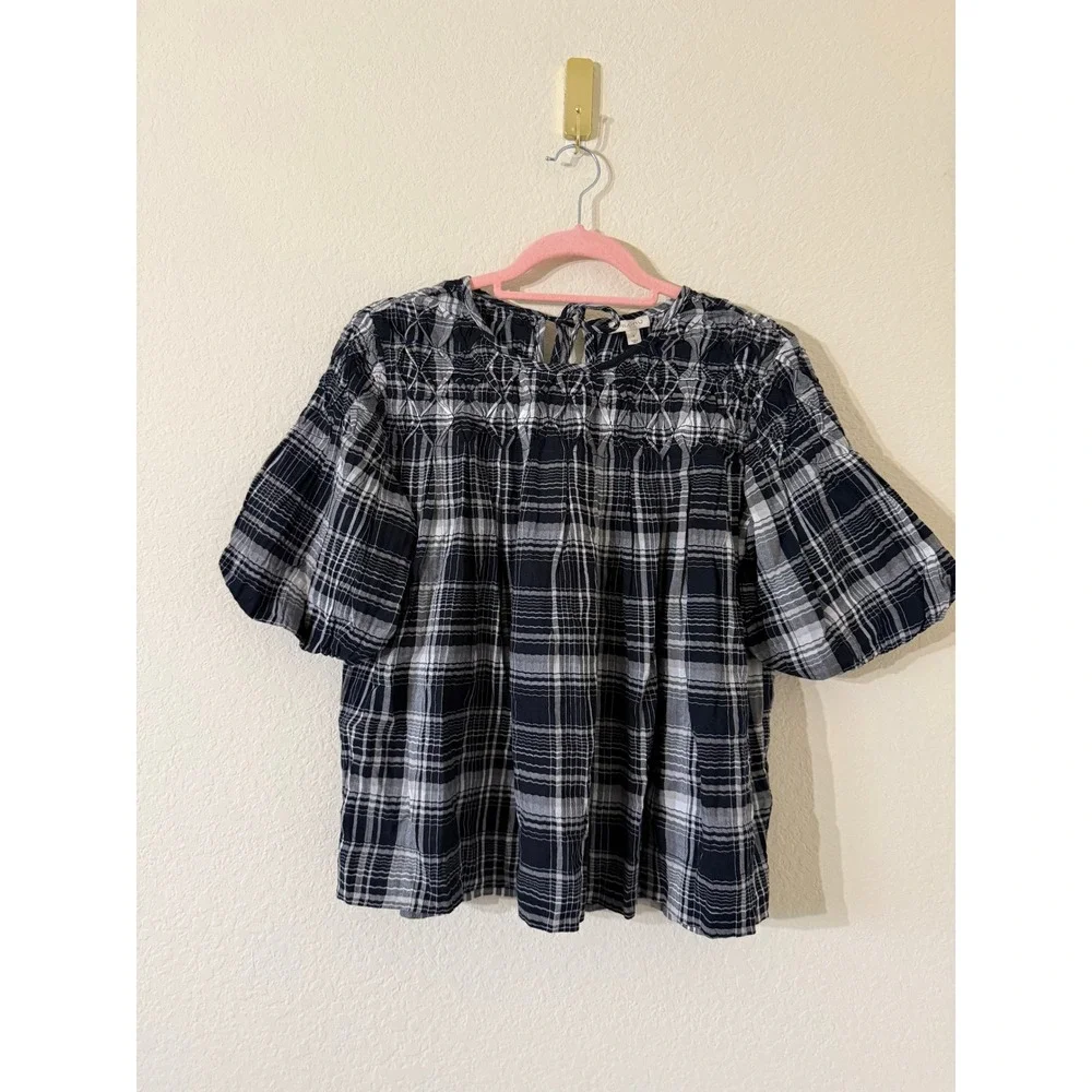 Pilcro Anthropologie Rory Puff-Sleeve Smocked Navy Plaid Blouse Size S Preppy